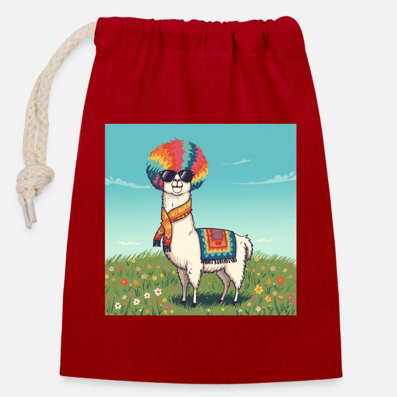 Funky Regenbogen Lama - Verschließbarer Geschenkbeutel aus Baumwolle (14x20cm) - Rot