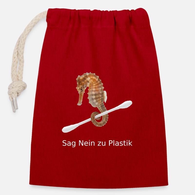 Seepferdchen gegen Plastik - Verschließbarer Geschenkbeutel aus Baumwolle (14x20cm) - Rot