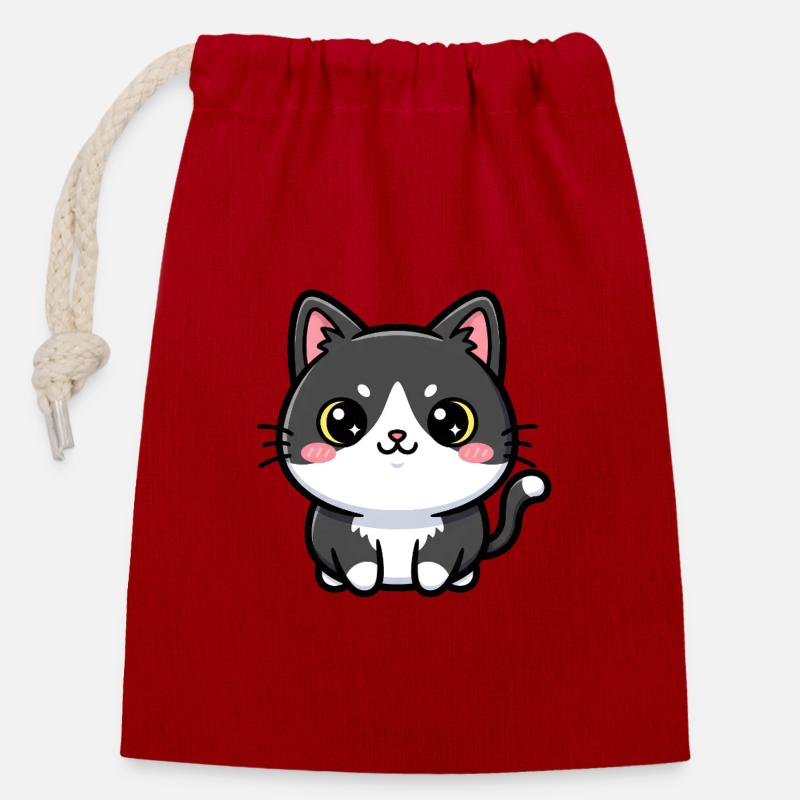 Chibi Cat Charm - Closable cotton gift bag (14x20cm) - red
