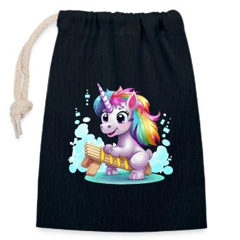 Regenbogen Einhorn Schlitten - Verschließbarer Geschenkbeutel aus Baumwolle (14x20cm) - Navy - Vorne