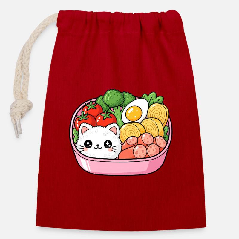 Kawaii Bento Katzenschale - Verschließbarer Geschenkbeutel aus Baumwolle (14x20cm) - Rot