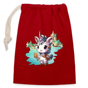 Small Unicorn with Book by the Lake - Closable cotton gift bag (14x20cm) - red - Front