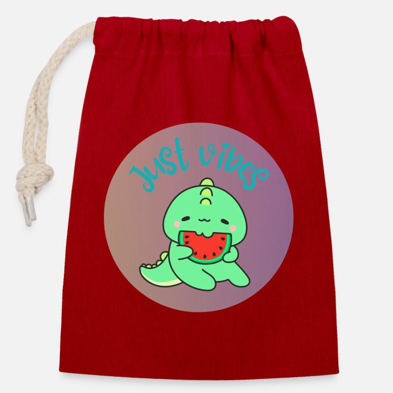 JUST VIBES - Dino - Sac cadeau en coton avec cordon (14 x 20 cm) - rouge