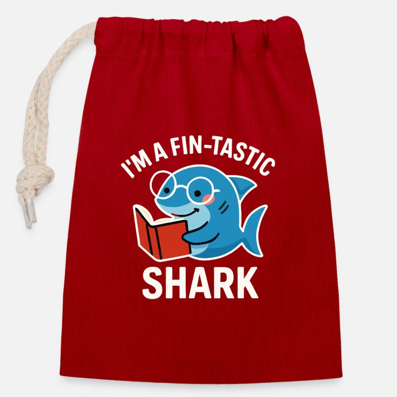 Fin-Tastic Shark liest Buch - Verschließbarer Geschenkbeutel aus Baumwolle (14x20cm) - Rot