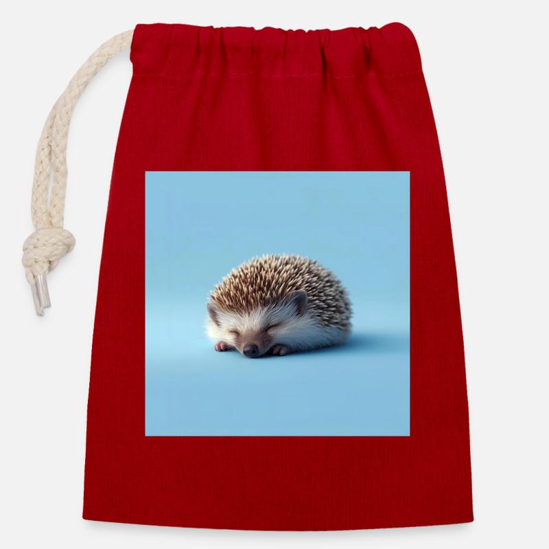 Hérisson Bleu Endormi - Sac cadeau en coton avec cordon (14 x 20 cm) - rouge