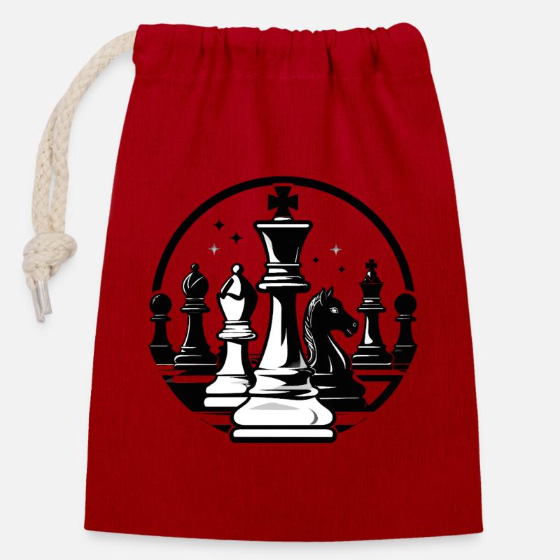 Duel d’échecs dans un motif d’échecs en noir et blanc - Sac cadeau en coton avec cordon (14 x 20 cm) - rouge