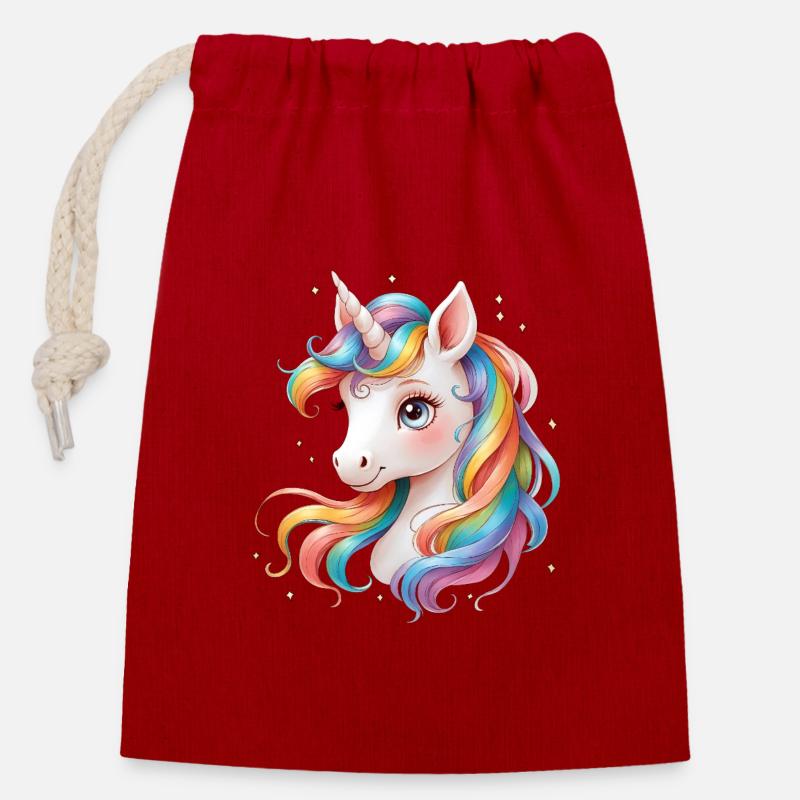 Regenbogen Einhorn - Cute Rainbow Unicorn - Verschließbarer Geschenkbeutel aus Baumwolle (14x20cm) - Rot