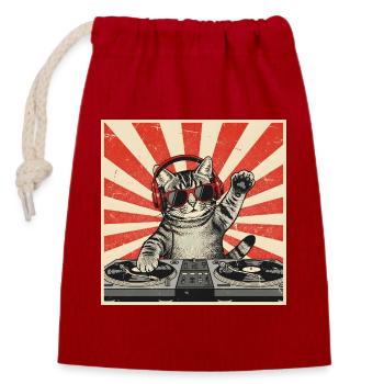Katzen-DJ Retro Pop Art - Verschließbarer Geschenkbeutel aus Baumwolle (14x20cm) - Rot - Vorne