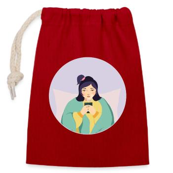 Pastellmüdes Mädchen mit Tee in gemütlicher Ecke - Verschließbarer Geschenkbeutel aus Baumwolle (14x20cm) - Rot - Vorne