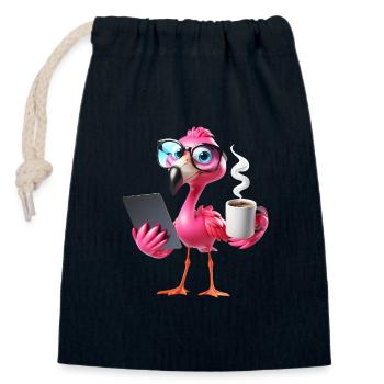 Flamingo in the office with tablet & coffee - Closable cotton gift bag (14x20cm) - navy - Front
