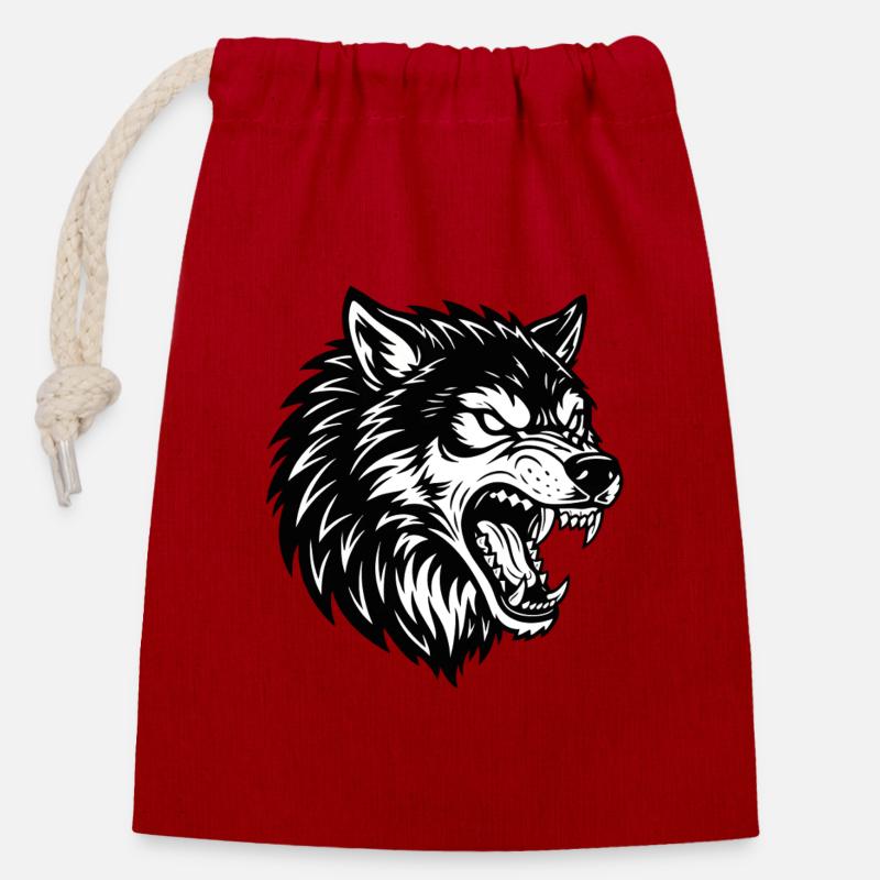 Wolf Schwarz-Weiß Wolf Alpha Maskottchen-Logo - Verschließbarer Geschenkbeutel aus Baumwolle (14x20cm) - Rot
