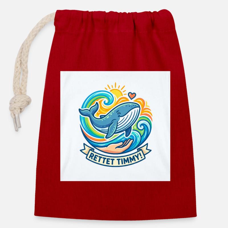 Sauvez Timmy : Les baleines dans les vagues de couleur - Sac cadeau en coton avec cordon (14 x 20 cm) - rouge