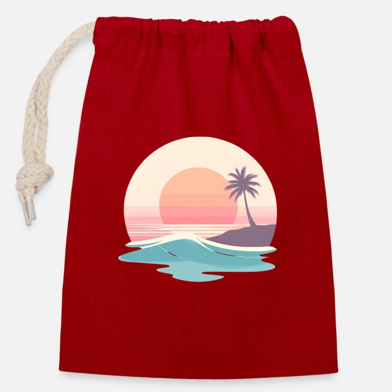 Retro Sunset Beach & Palm Tree - Closable cotton gift bag (14x20cm) - red