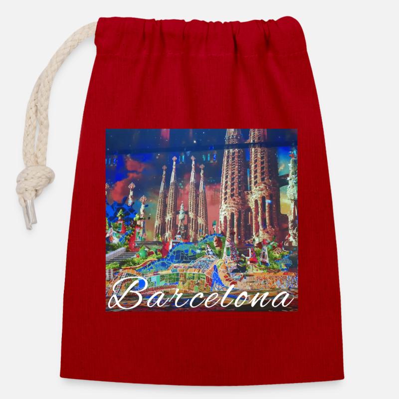 Barcelona, Stadt, Mosaik, Kirche, Collage - Verschließbarer Geschenkbeutel aus Baumwolle (14x20cm) - Rot