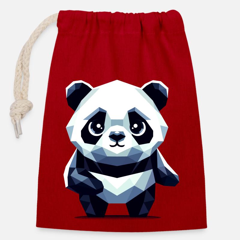 Panda polygonal - Sac cadeau en coton avec cordon (14 x 20 cm) - rouge