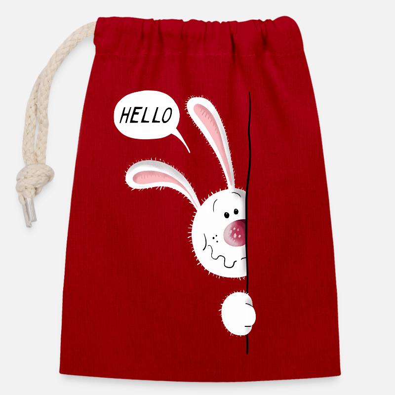 Hello Lapin - Sac cadeau en coton avec cordon (14 x 20 cm) - rouge