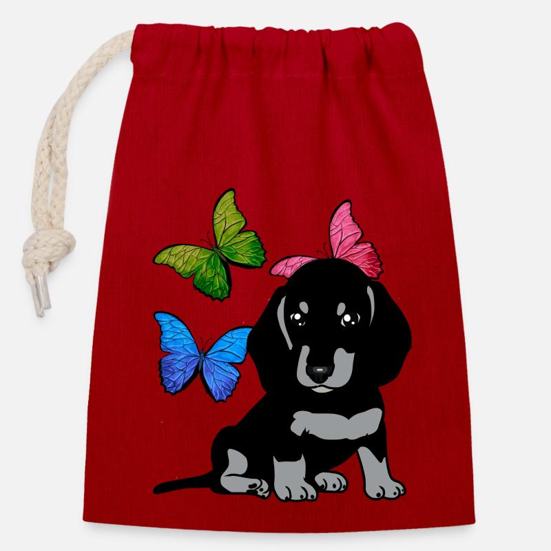 Hunde Frühling Dackel Hund Schmetterlinge - Verschließbarer Geschenkbeutel aus Baumwolle (14x20cm) - Rot