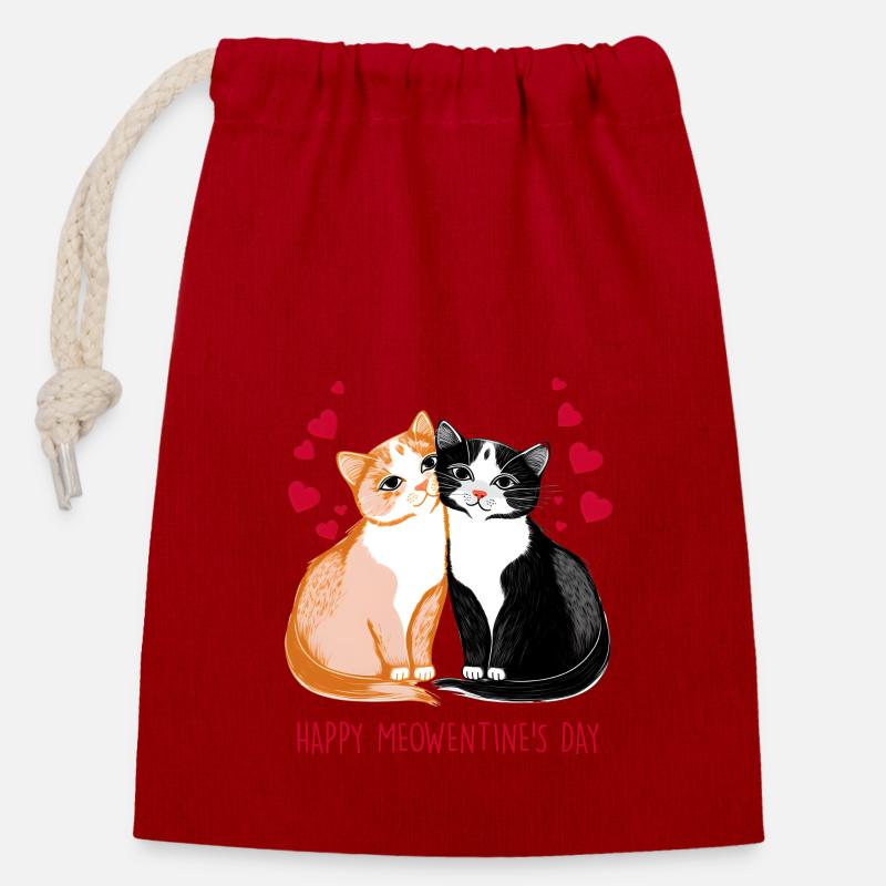 Chat Cadeau de Saint-Valentin - Sac cadeau en coton avec cordon (14 x 20 cm) - rouge