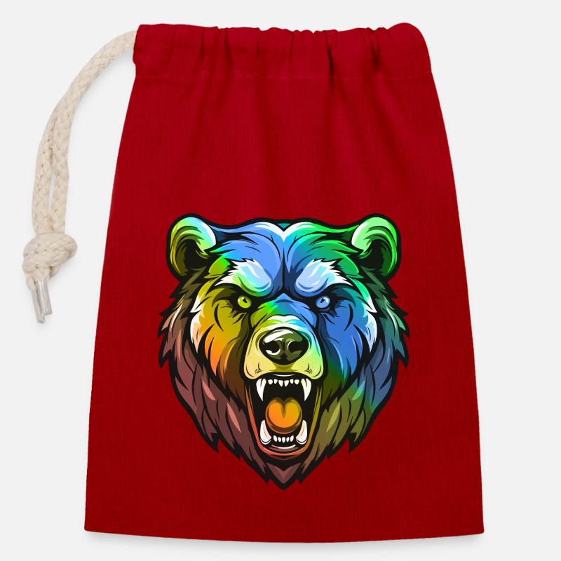 Tête d’ours colorée - Sac cadeau en coton avec cordon (14 x 20 cm) - rouge
