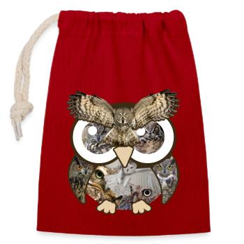 Owls Photos Collage Big Eyes Cute Nocturnal Bird - Closable cotton gift bag (14x20cm) - red - Front