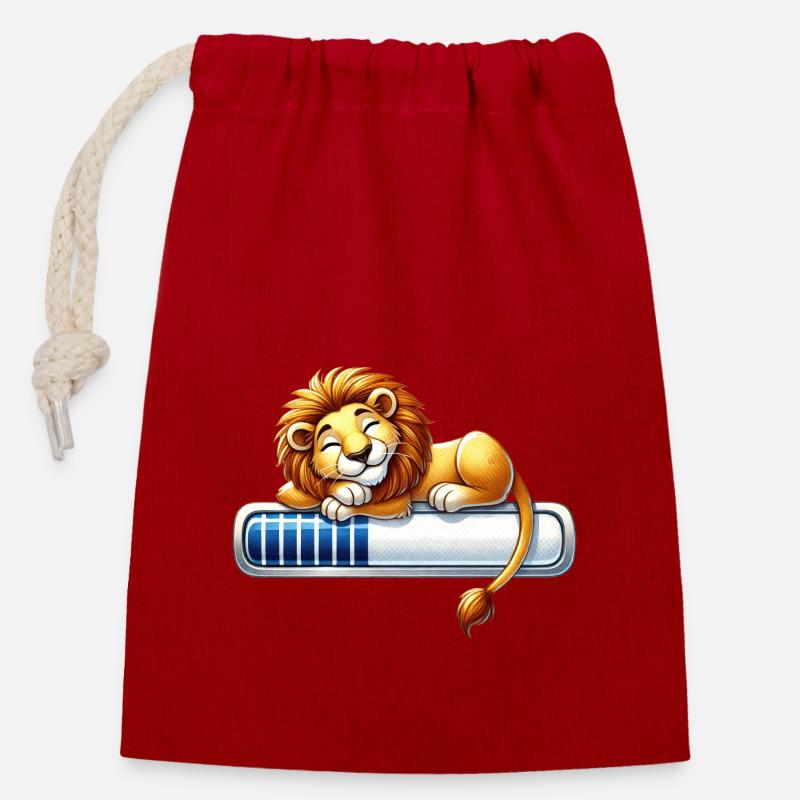 Cute Sleeping Lion on Loading Bar - Closable cotton gift bag (14x20cm) - red