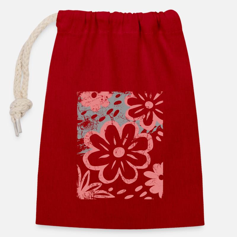 Fleurs - Printemps - Été - Dire - Sac cadeau en coton avec cordon (14 x 20 cm) - rouge