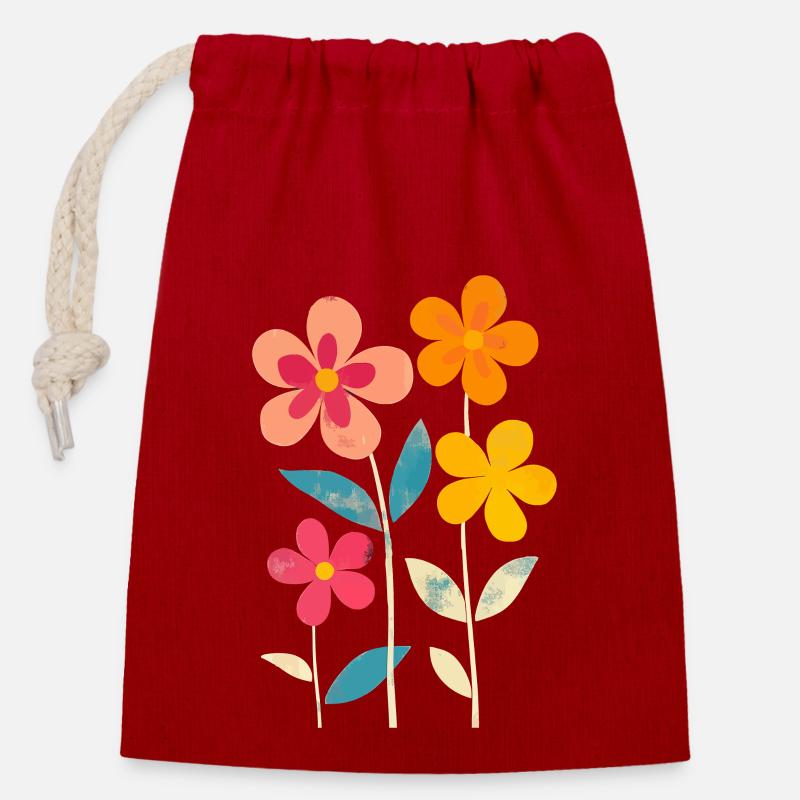Matisse inspiriert: Retro Blumenmuster Blümchen - Verschließbarer Geschenkbeutel aus Baumwolle (14x20cm) - Rot
