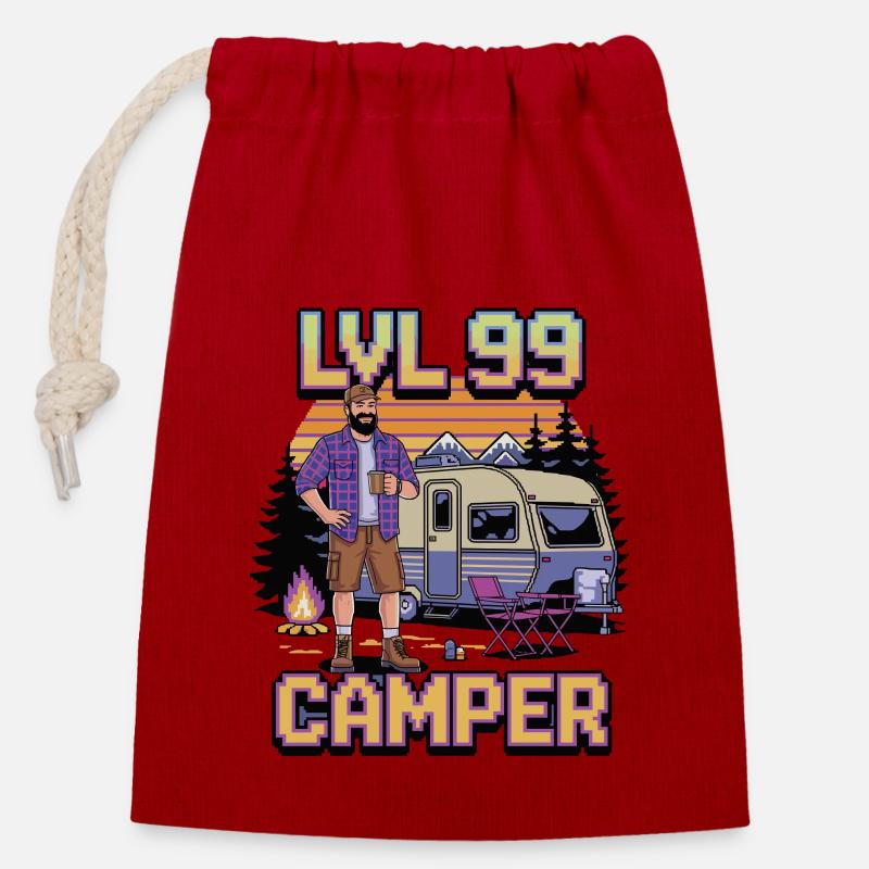 Lvl 99 Camper – Retro-Pixel‑Campingdesign - Verschließbarer Geschenkbeutel aus Baumwolle (14x20cm) - Rot