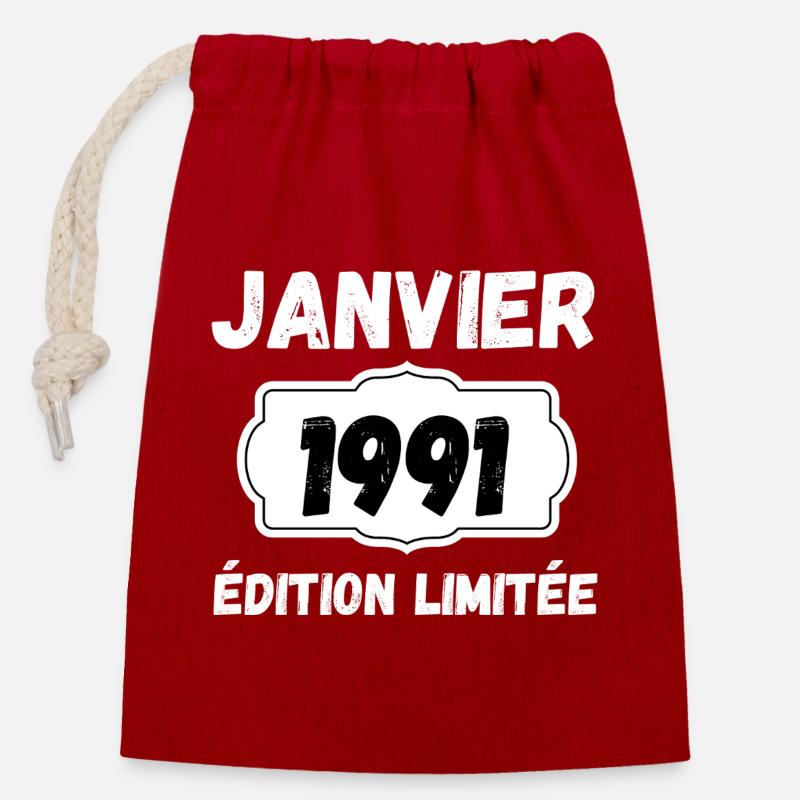 Janvier 1991 Édition Limitée Anniversaire - Sac cadeau en coton avec cordon (14 x 20 cm) - rouge