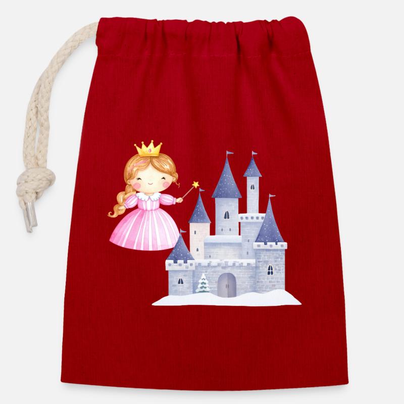 Princesse devant le château de neige - Sac cadeau en coton avec cordon (14 x 20 cm) - rouge