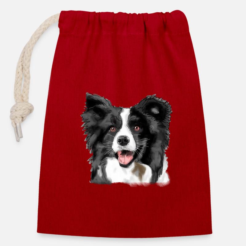 Border Collie - Closable cotton gift bag (14x20cm) - red