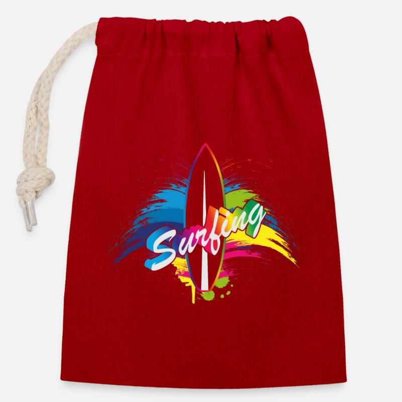 Typographie de surf surf arc-en-ciel splash - Sac cadeau en coton avec cordon (14 x 20 cm) - rouge