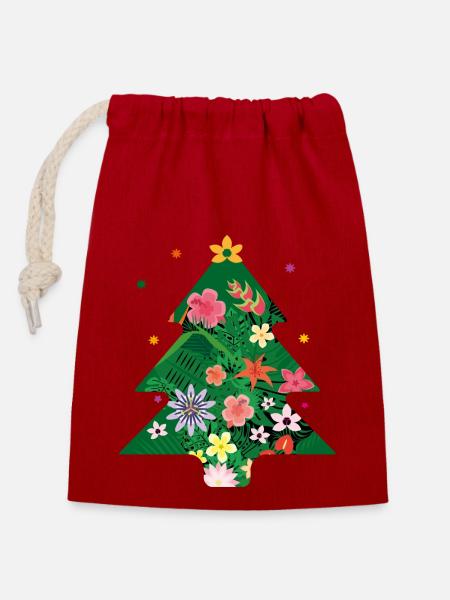 Tannenbaum, Weihnachtsbaum mit bunten Blumen - Verschließbarer Geschenkbeutel aus Baumwolle (14x20cm) - Rot