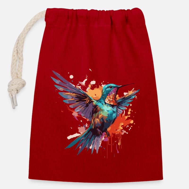 Colibri arc-en-ciel - Sac cadeau en coton avec cordon (14 x 20 cm) - rouge