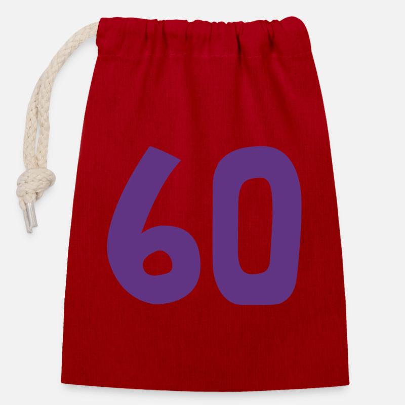 60. 60 ANS. 60e ANNIVERSAIRE. ANNIVERSAIRE 60 ANS. - Sac cadeau en coton avec cordon (14 x 20 cm) - rouge
