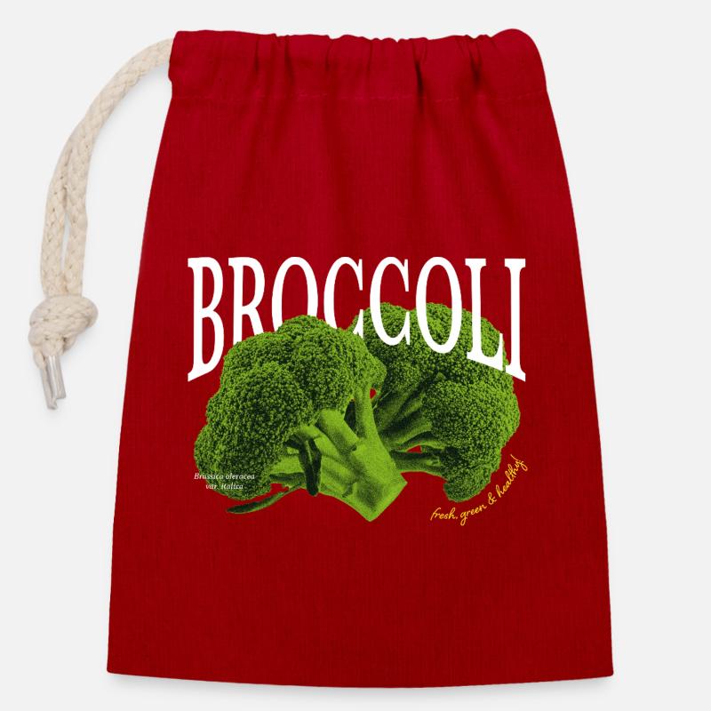 Broccoli – Aesthetic vegetable design - Closable cotton gift bag (14x20cm) - red