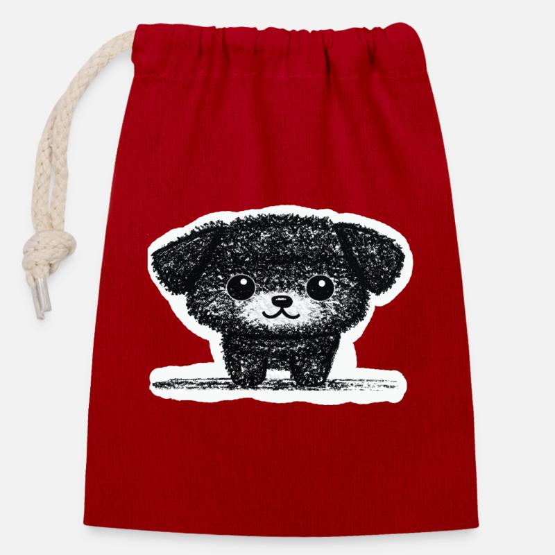 Petit chiot (gris) - Sac cadeau en coton avec cordon (14 x 20 cm) - rouge
