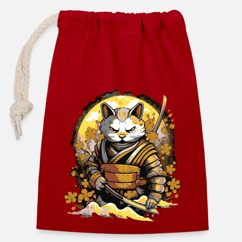 Samurai-Katze - Verschließbarer Geschenkbeutel aus Baumwolle (14x20cm) - Rot