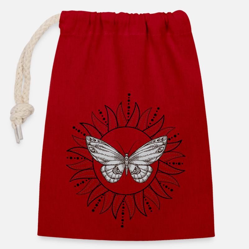 Schmetterling mit Sonne - Verschließbarer Geschenkbeutel aus Baumwolle (14x20cm) - Rot