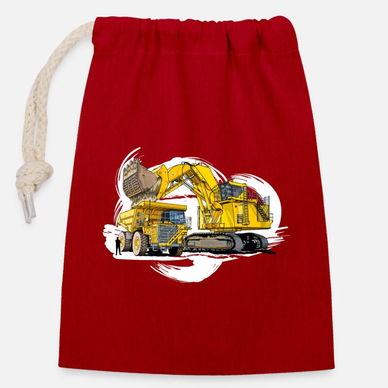 Méga machines sur le chantier - Sac cadeau en coton avec cordon (14 x 20 cm) - rouge