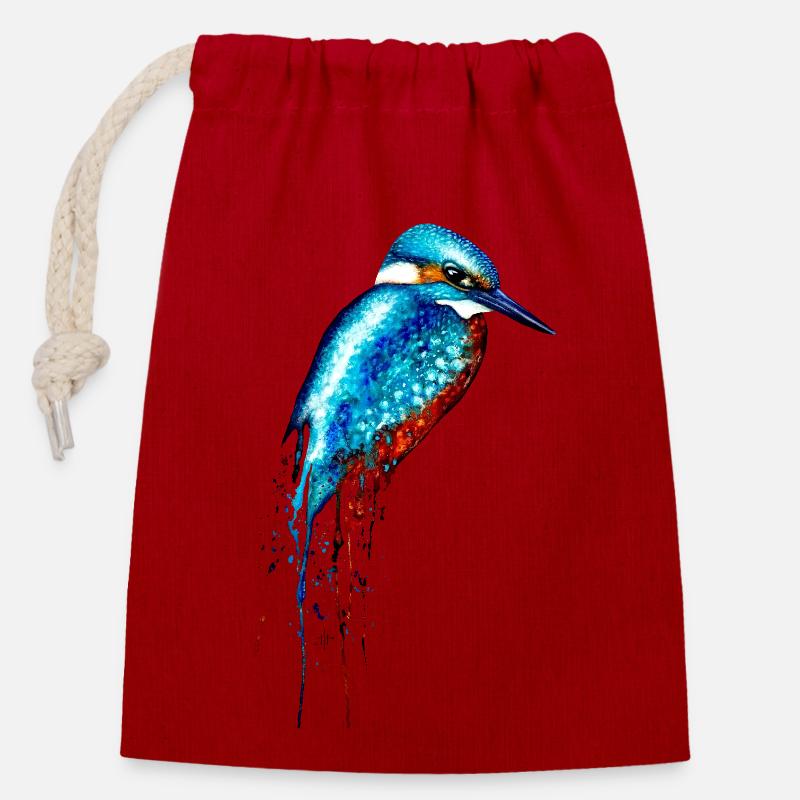Martin-pêcheur aquarelle - Sac cadeau en coton avec cordon (14 x 20 cm) - rouge