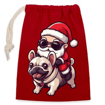 Buldog Français Chien Père Noël Dessin animé - Sac cadeau en coton avec cordon (14 x 20 cm) - rouge - Devant