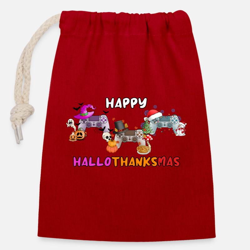 Happy Hallothankmas Game Controller - Closable cotton gift bag (14x20cm) - red