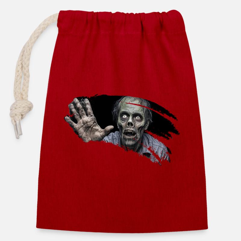 Zombie vous surveille ! - Sac cadeau en coton avec cordon (14 x 20 cm) - rouge
