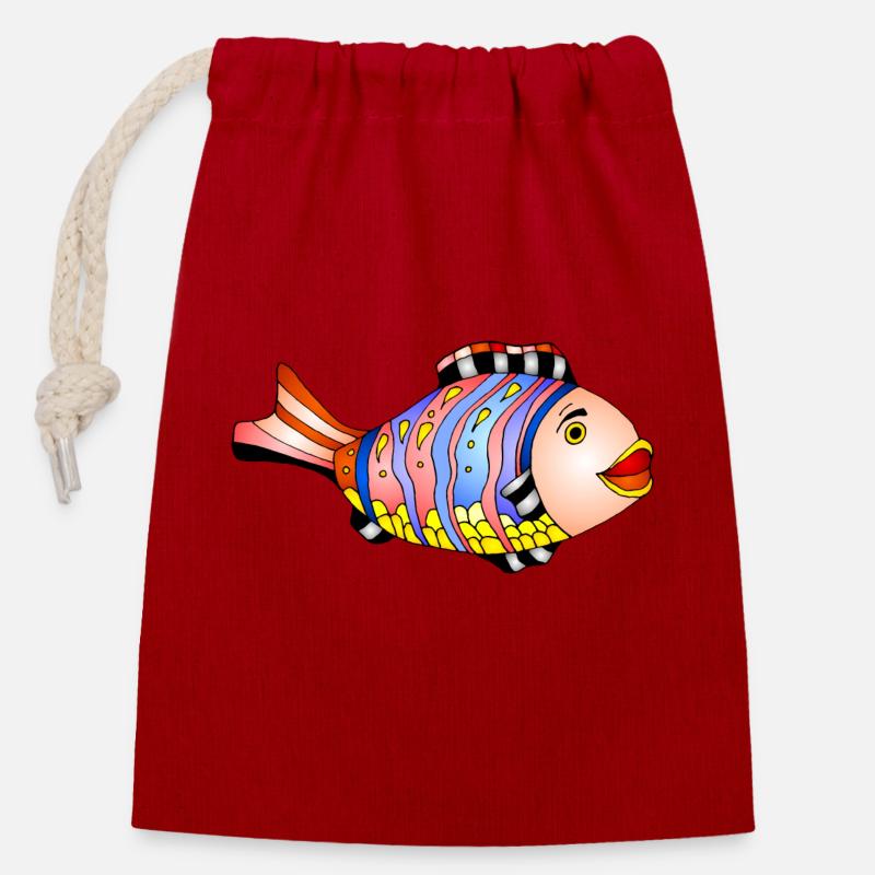 Fish - Closable cotton gift bag (14x20cm) - red