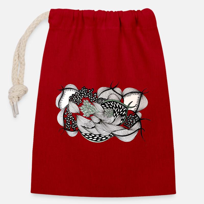 Feuillage noir et blanc avec accent vert - Sac cadeau en coton avec cordon (14 x 20 cm) - rouge