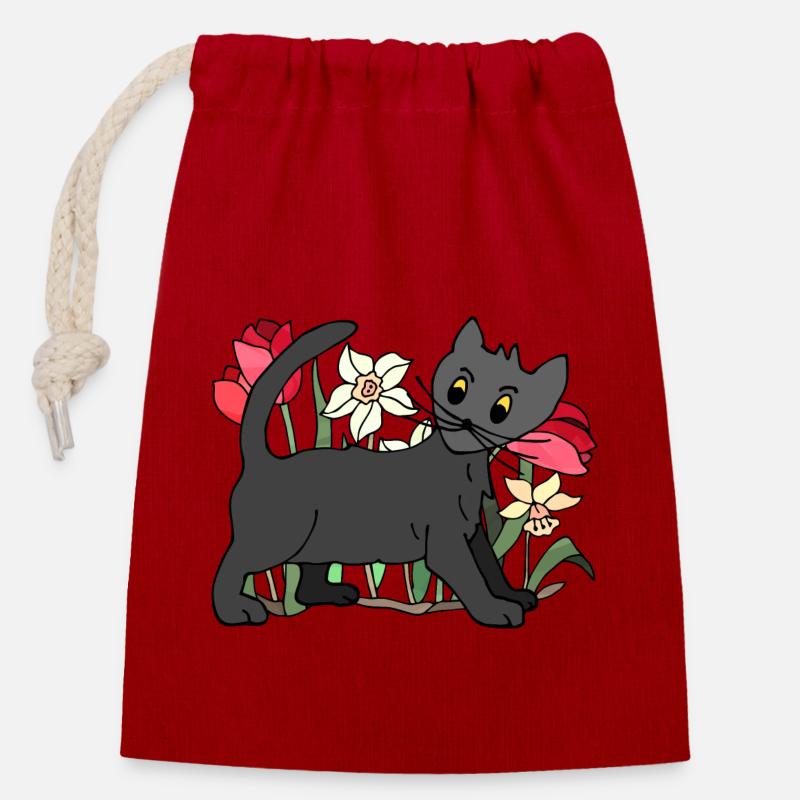 Cat - Closable cotton gift bag (14x20cm) - red