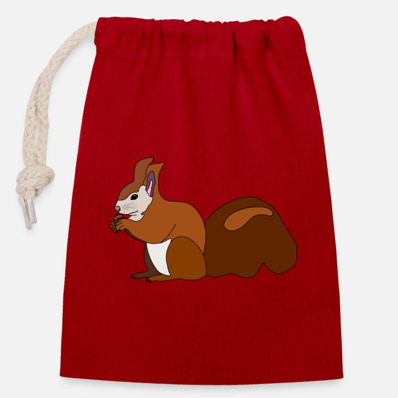 Eichhörnchen mit Nuss - Verschließbarer Geschenkbeutel aus Baumwolle (14x20cm) - Rot