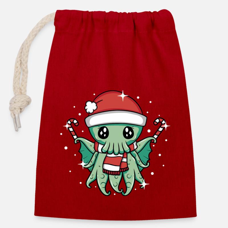 Noël Cthulhu - Sac cadeau en coton avec cordon (14 x 20 cm) - rouge