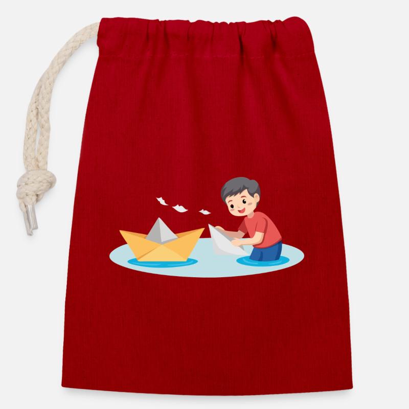 Papierboot spielen - Verschließbarer Geschenkbeutel aus Baumwolle (14x20cm) - Rot